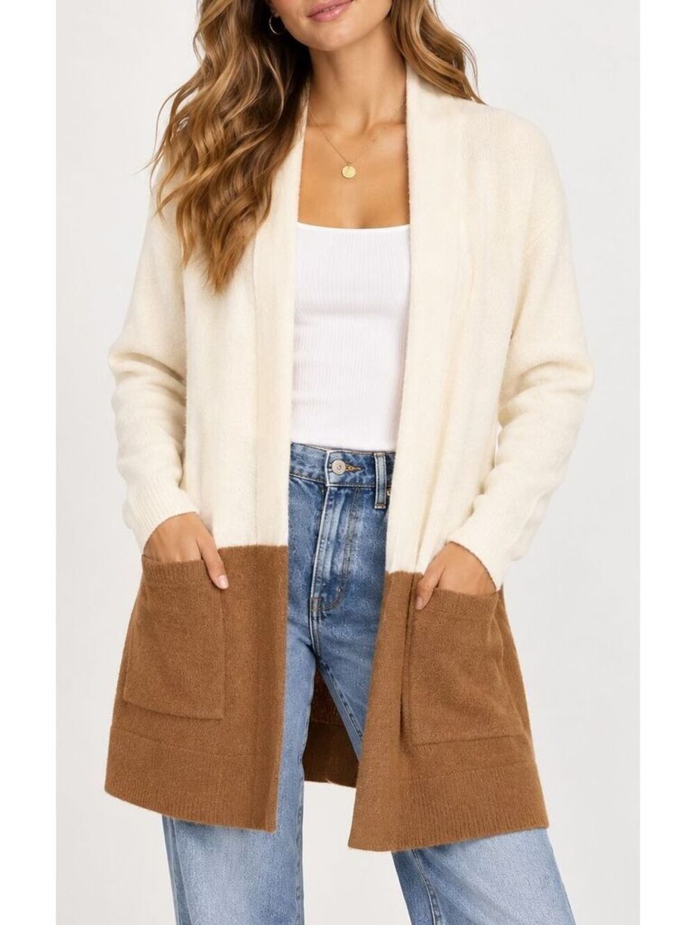 New Banana Republic Colorblock Open Front Cardigan Cream Camel Womens XS Pockets